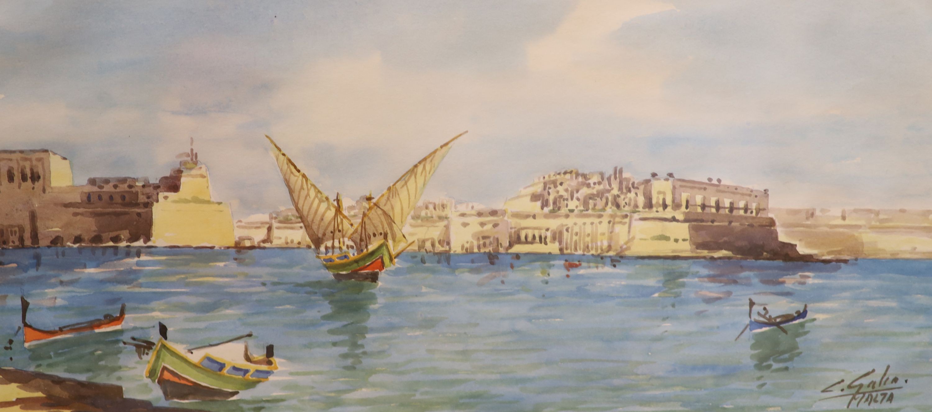 Galea, watercolour, Entrance of Grand Harbour, Malta, signed, 16 x 34cm